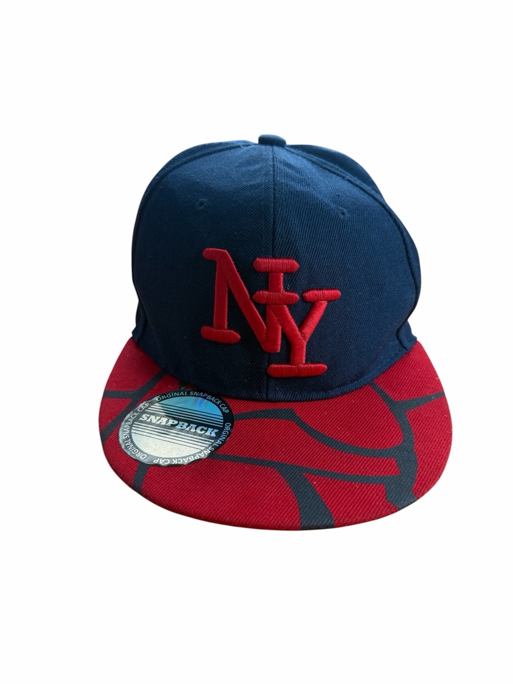 NY Embroidered Snapback Hat Navy Blue & Red Patterned Brim Adjustable Cap